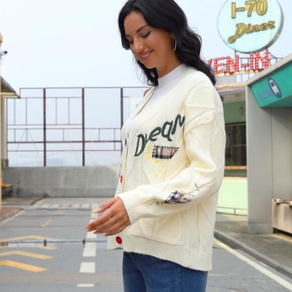 Women's Apricot Embroidered Heart Cardigan Polyester Button-Down Sweater - Picture 3 of 4